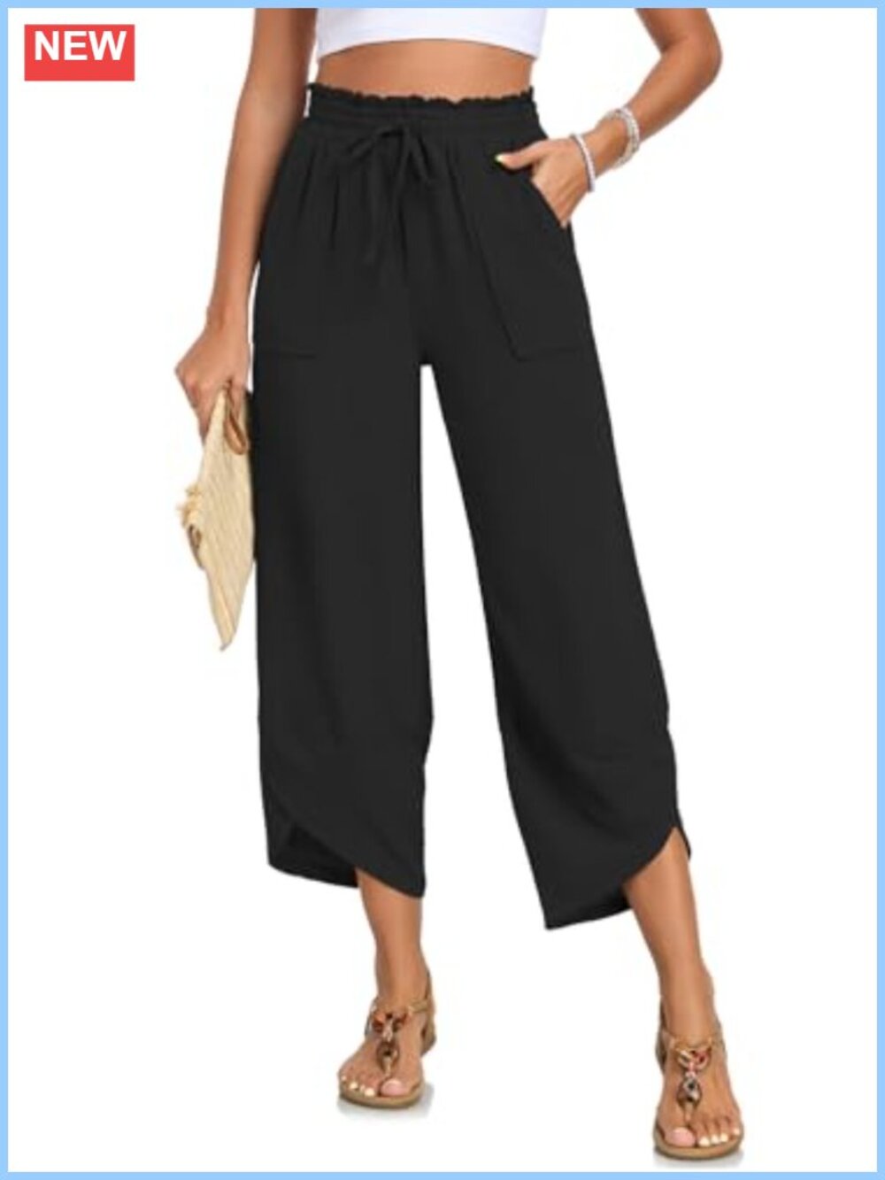 Women's Wide Leg Capri Pants High Waist Casual Palazzo Crop Pants with Pockets